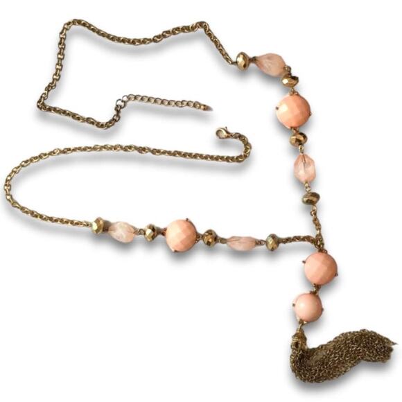 Antiqued gold tone and pale pink tassel necklace - Picture 1 of 9